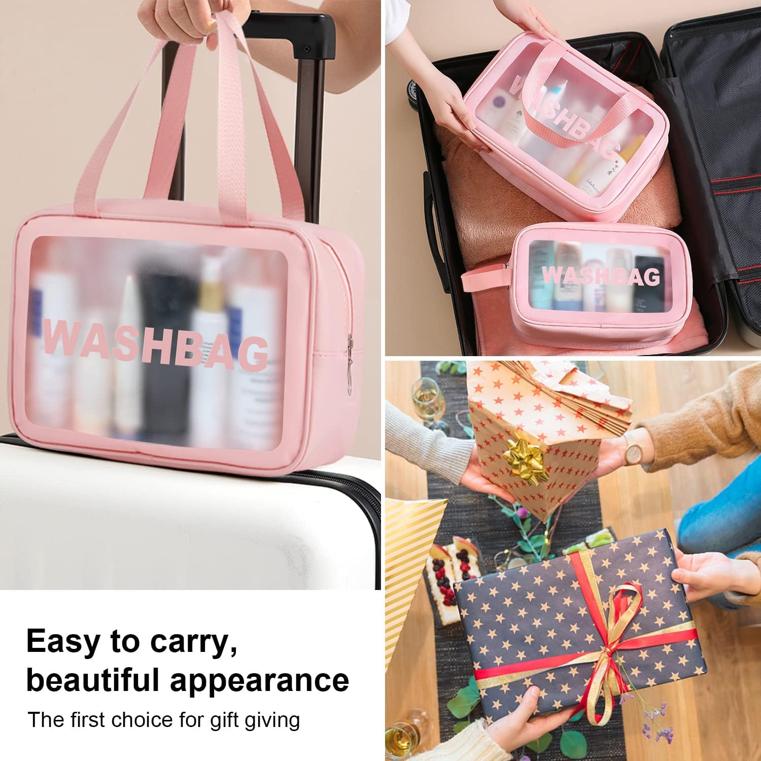 LULU Deer Juego de bolsas de maquillaje y lavado de viaje translúcidas para mujer, impermeables, de tres tamaños, gran capacidad con asa, a prueba