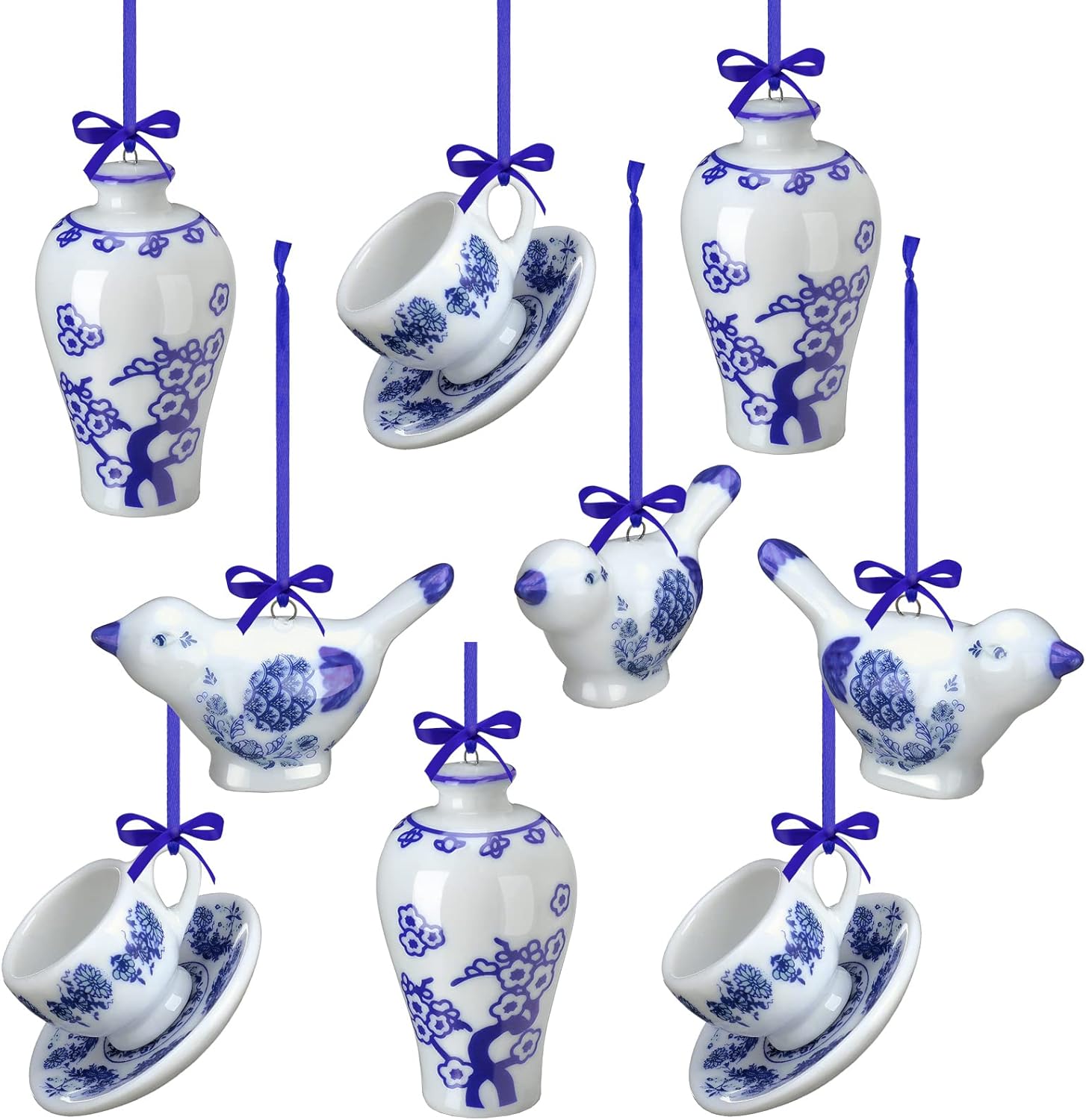 9 piezas de huevos colgantes de Pascua, adornos de porcelana azul y blanco, huevo de Pascua colgante de Pascua, adornos colgantes decorativos para