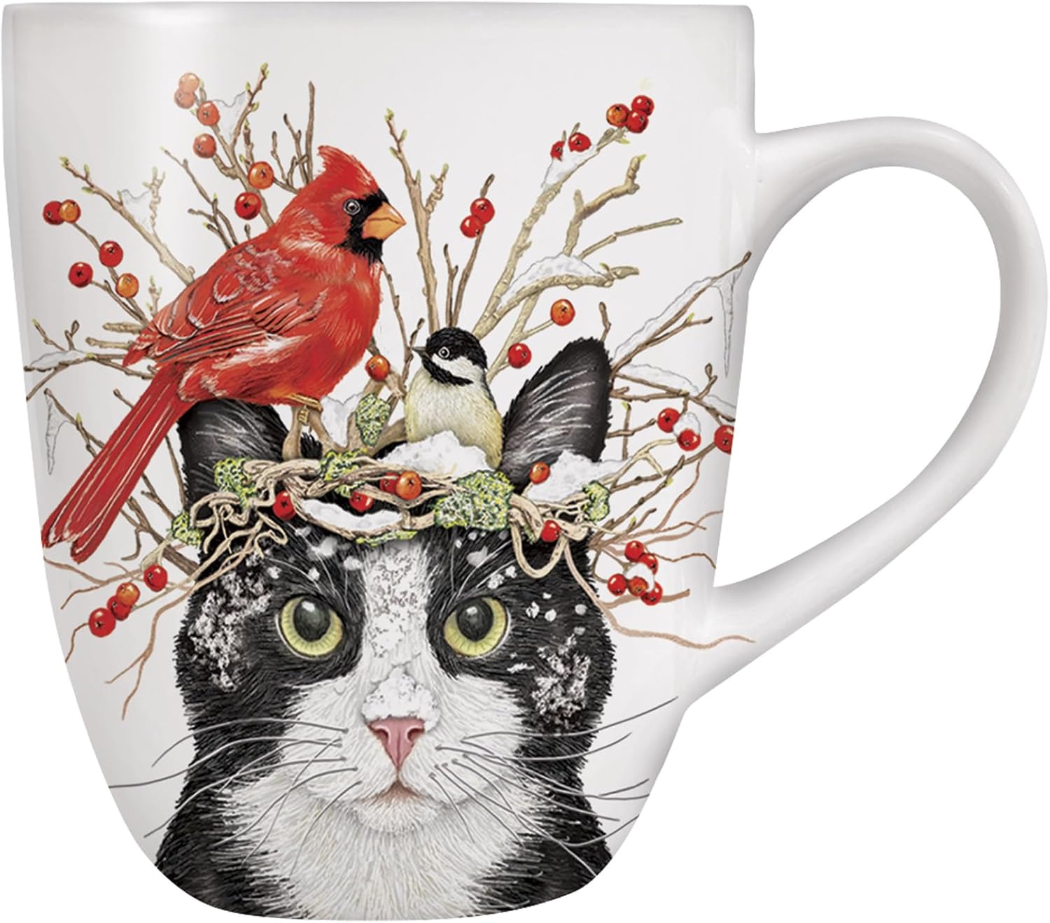 Mary Lake-Thompson Winter Cat and Birds – Taza de cerámica de 16 onzas