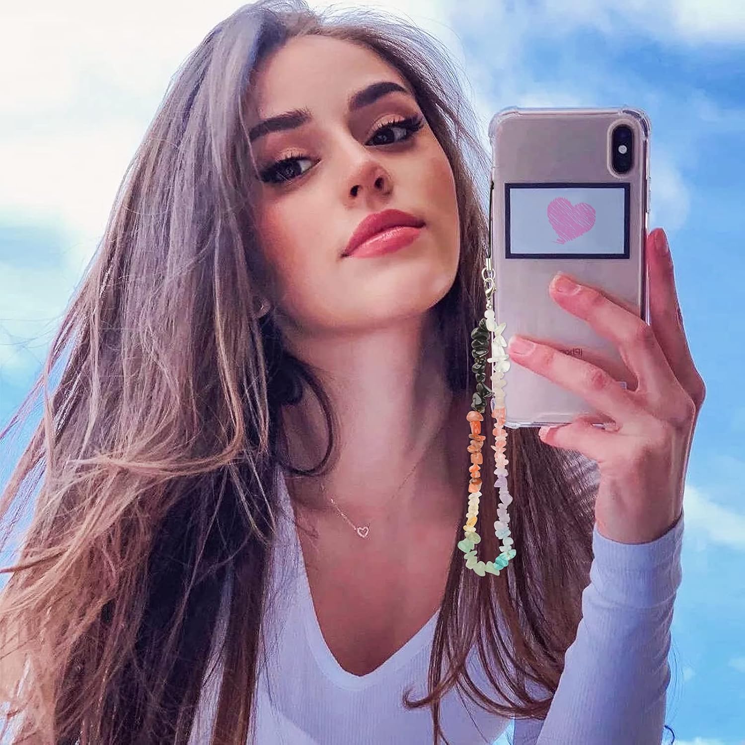 BEACE Dijes para teléfonocorrea de cadena para mujeres y niñas, funda para teléfono celular, correa de muñeca, dijes de piedras preciosas naturales