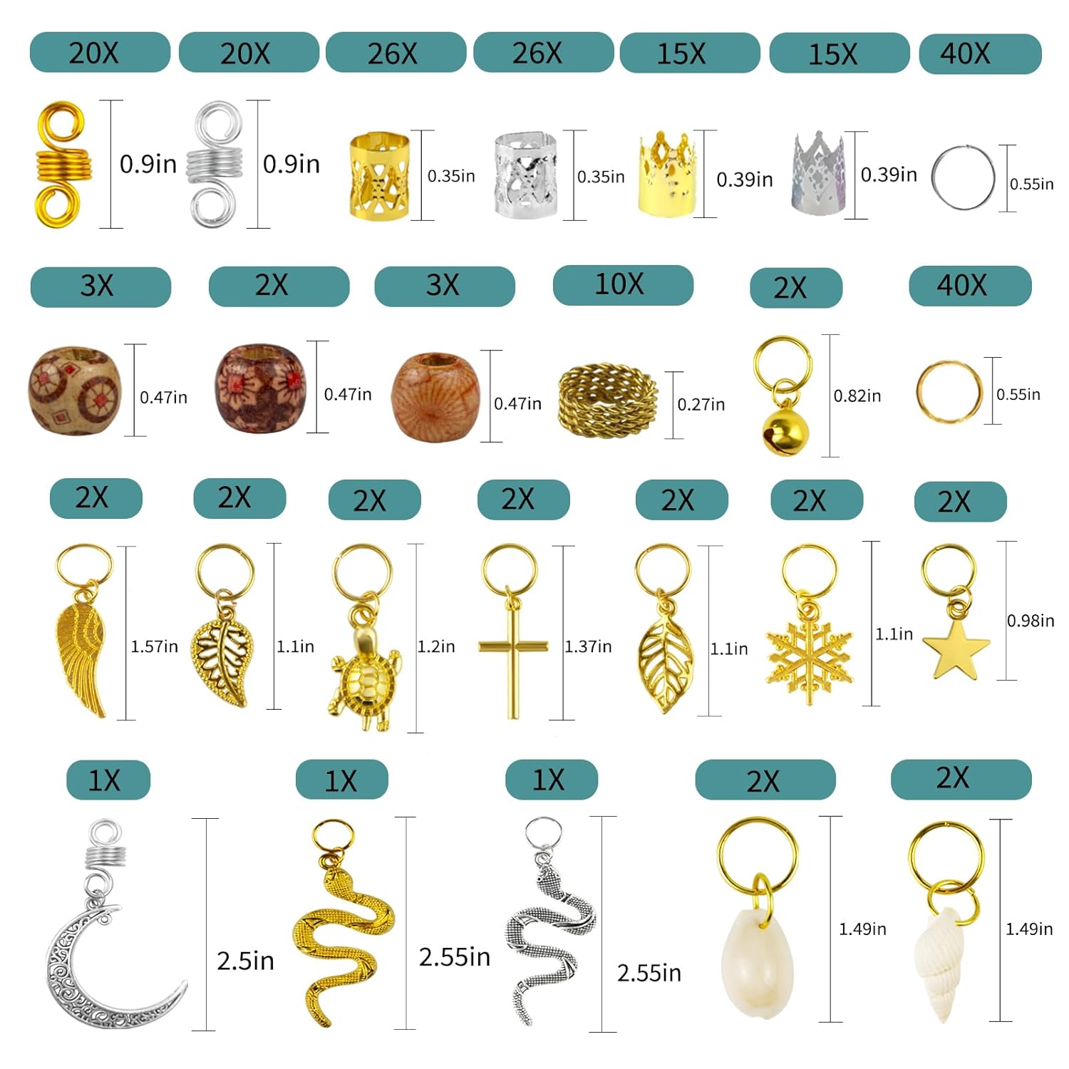 Qingchuang 241 piezas de joyas para el cabello para trenzas, rastas de metal dorado y plateado, conchas de imitación de madera, puños ajustables,