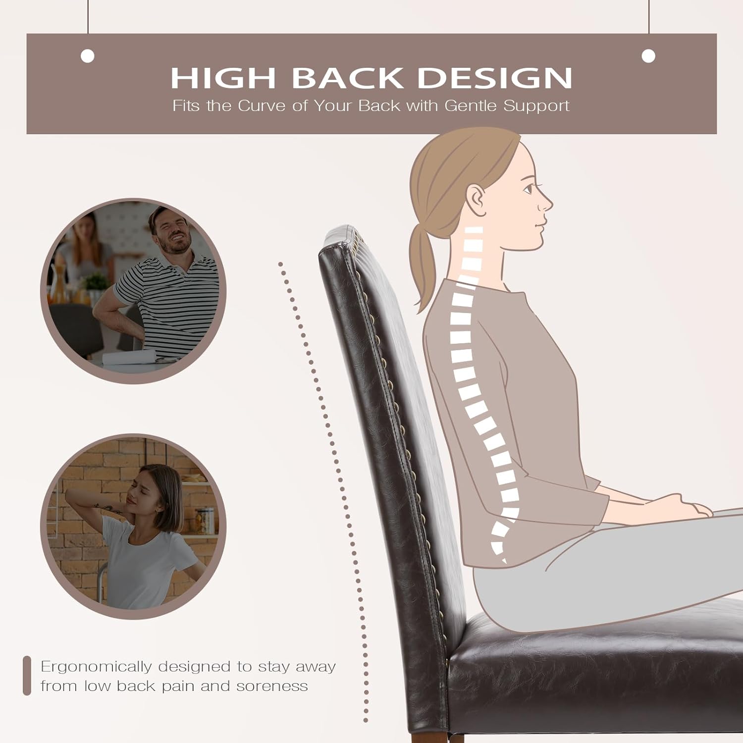 MCQ Juego de 6 sillas de comedor tapizadas, modernas sillas de comedor tapizadas de cuero con ribete de cabeza de clavo y patas de madera, silla de