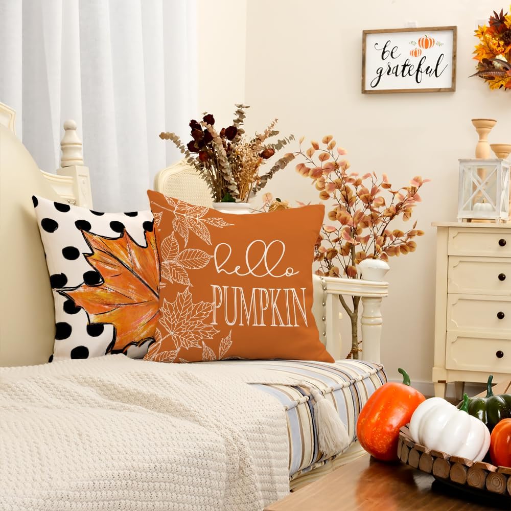 GEEORY Juego de 4 fundas de almohada de otoño de 18 x 18 pulgadas, diseño de hojas de arce con diseño de calabaza y texto en inglés “Hello Pumpkin”,