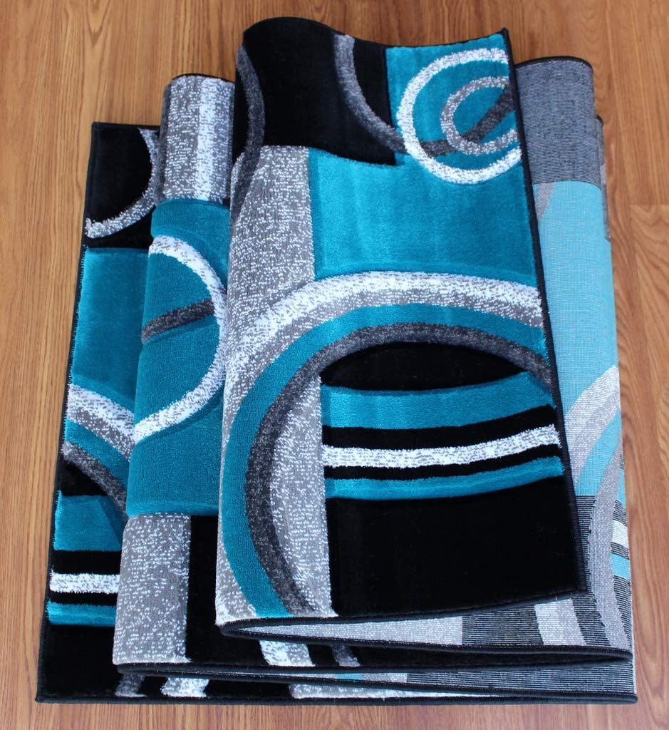 Masada Rugs Sophia Collection – Alfombra de área tallada a mano, moderna, contemporánea, turquesa, gris, negro (2 pies 8 pulgadas x 10 pies)