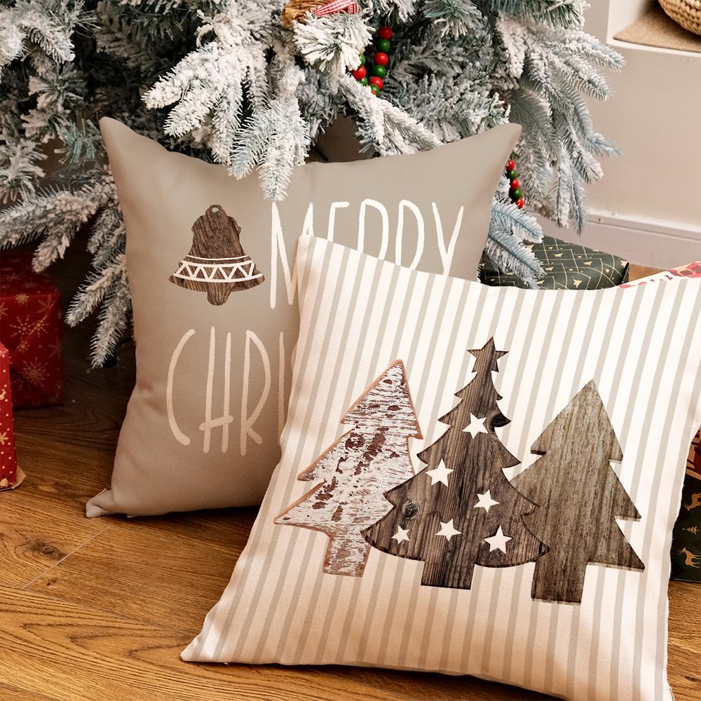 Juego de 4 fundas de almohada de Navidad de 18 x 18 pulgadas, diseño de árbol de madera a rayas, trineo de nieve, decoración de Navidad, decoración