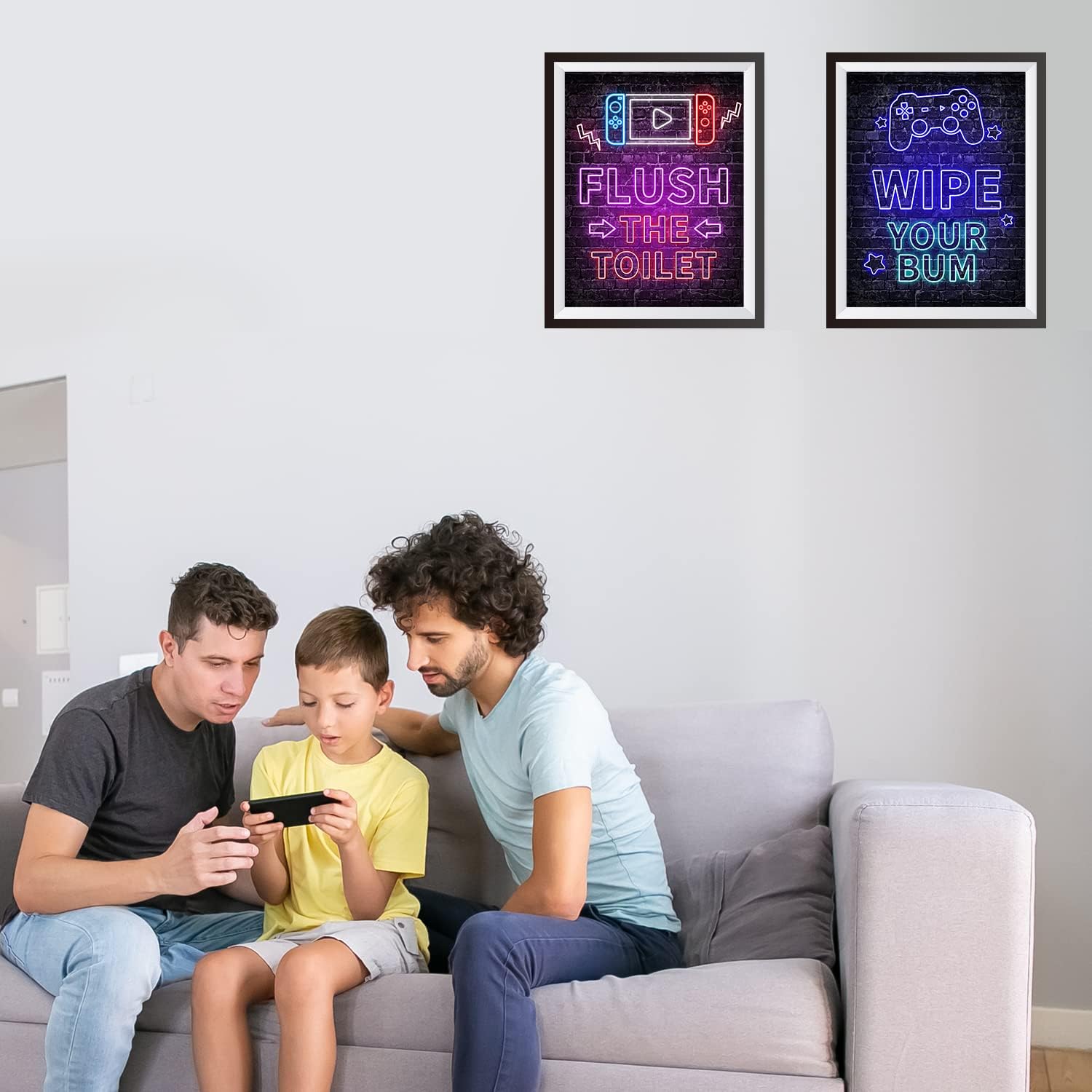Juego de 4 decoración de videojuegos neón (8 x 10 pulgadas), decoración de habitación de niños para baño, palabras divertidas, arte de pared para