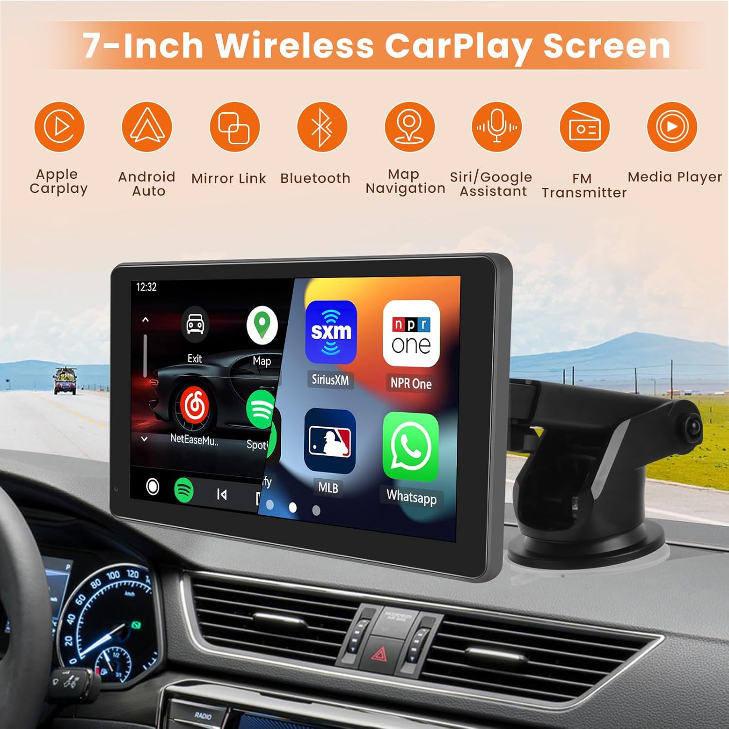 Inefala Estéreo portátil inalámbrico para automóvil Apple CarPlay de 7 pulgadas, soporte para tablero CarPlay con Android Auto, pantalla táctil Full