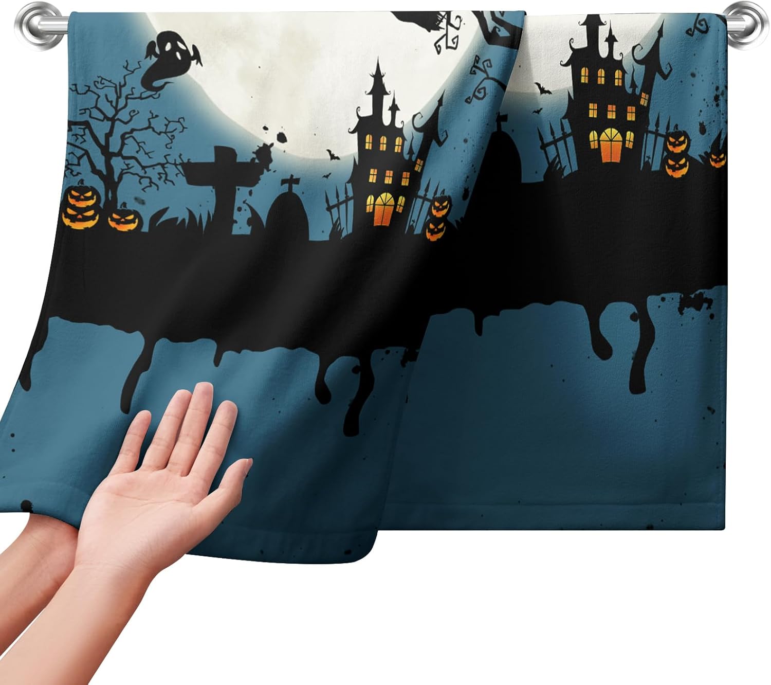 Kwlegh Juego de 2 paños de cocina de bruja y luna de Halloween, juego de 2 toallas de baño espeluznantes de castillo, calabazas, murciélagos,