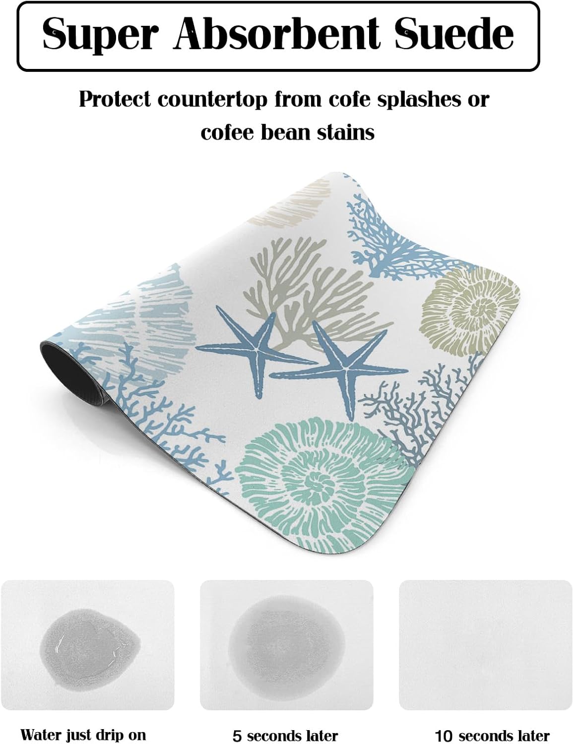 Hokiten Tapete de secado de platos costero para encimera de cocina, tapete absorbente de café y escurridor de platos, tapete de secado rápido con