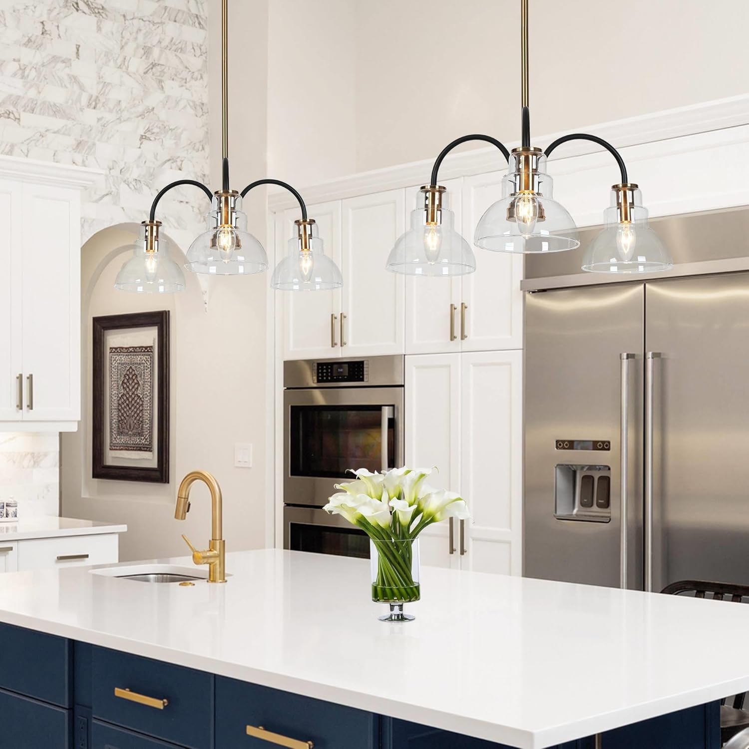 Candelabros negros y dorados, lámpara colgante moderna de mediados de siglo con pantallas de cristal, lámpara colgante de 3 luces para cocina,