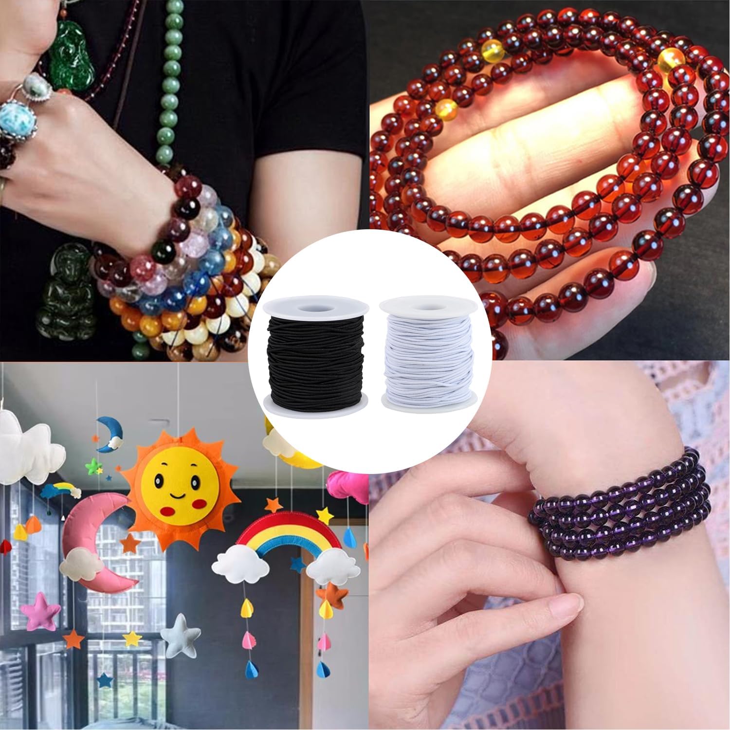 Cuerda elástica para pulsera, 2 rollos de cuerda elástica de 0.059 in para pulseras, joyería, collares, cuentas y manualidades (negro y blanco)