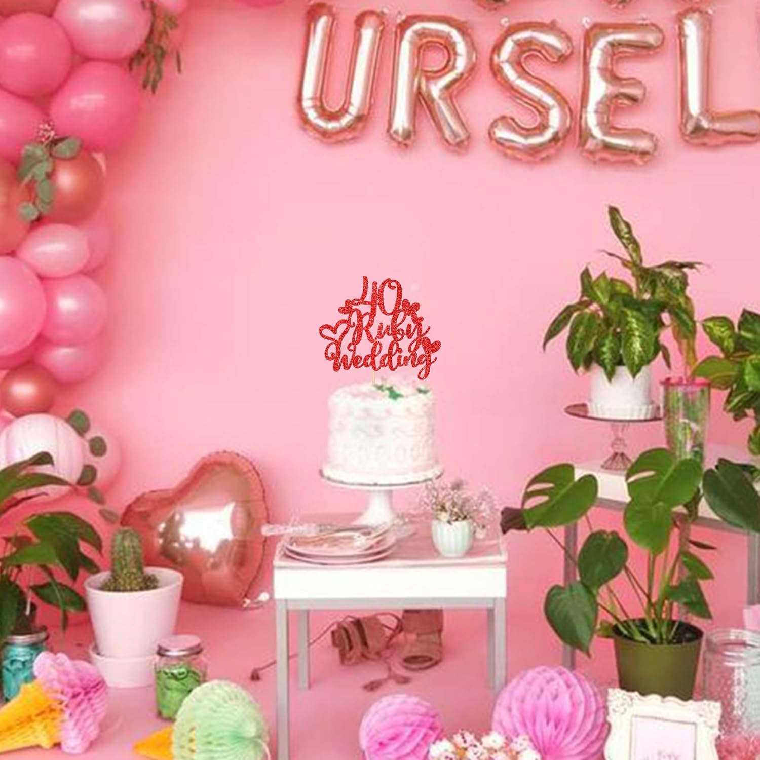 1 pieza de decoración de pastel de boda de 40 rubíes con corazón rojo con purpurina roja para 40 aniversario de boda, decoración de pastel de