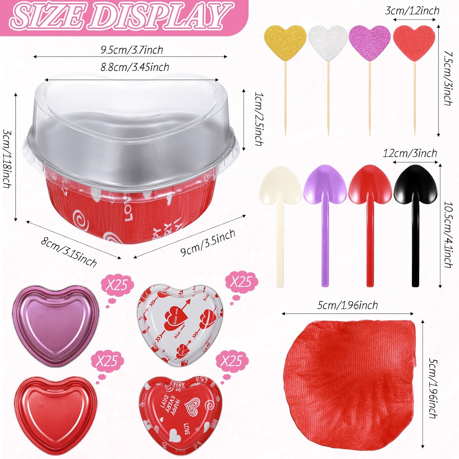 Paquete de 100 moldes para pasteles con forma de corazón de 3.4 onzas con tapas, de aluminio, para el Día de la Madre, para cupcakes, moldes para