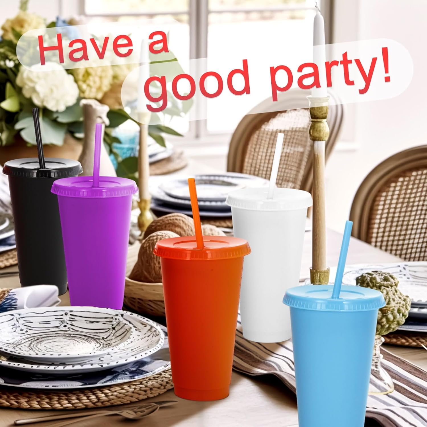 Honeydak 60 vasos con popote y tapa, botella de agua a granel, taza de viaje para café helado, vasos de plástico reutilizables para fiestas,