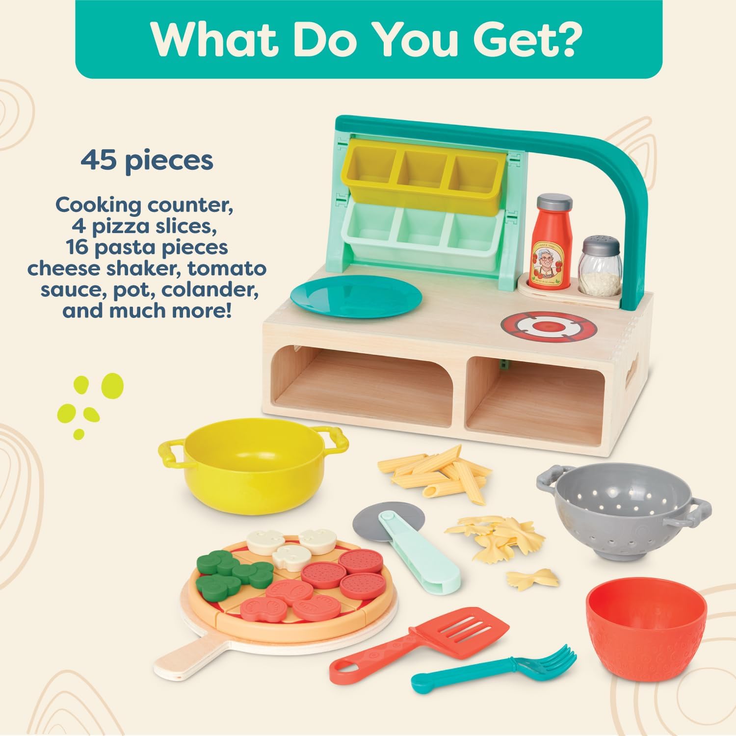 B. toys – Mini Chef – Pizza-n-Pasta Playset – Juego de pizza y pasta de juego de simulación – Comida de juego y accesorios de juego de roles –