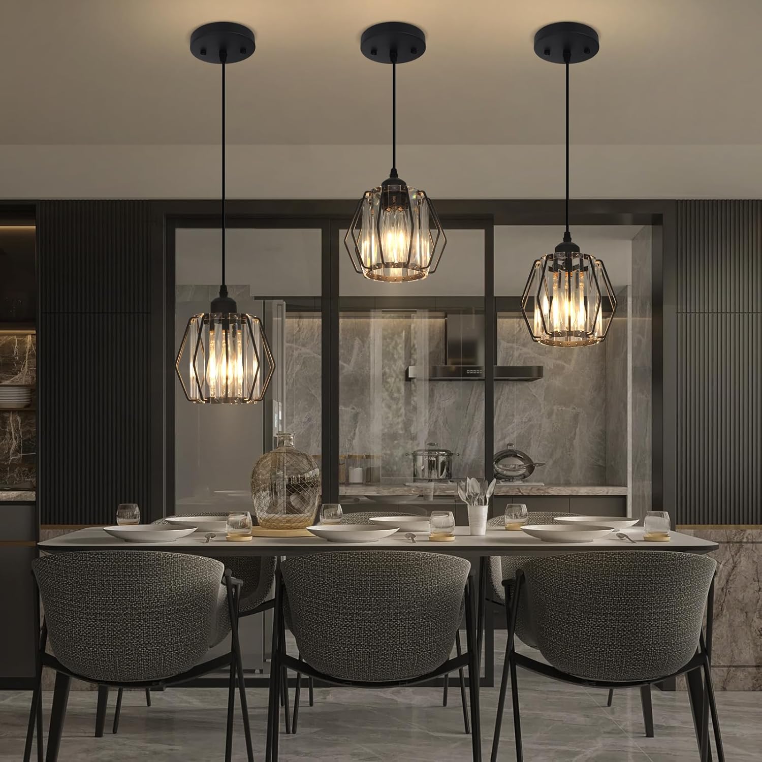 ADISUN Lámpara colgante de cristal para isla de cocina con forma de diamante, luz negra moderna de isla de cocina para bombilla E26, elegante mini