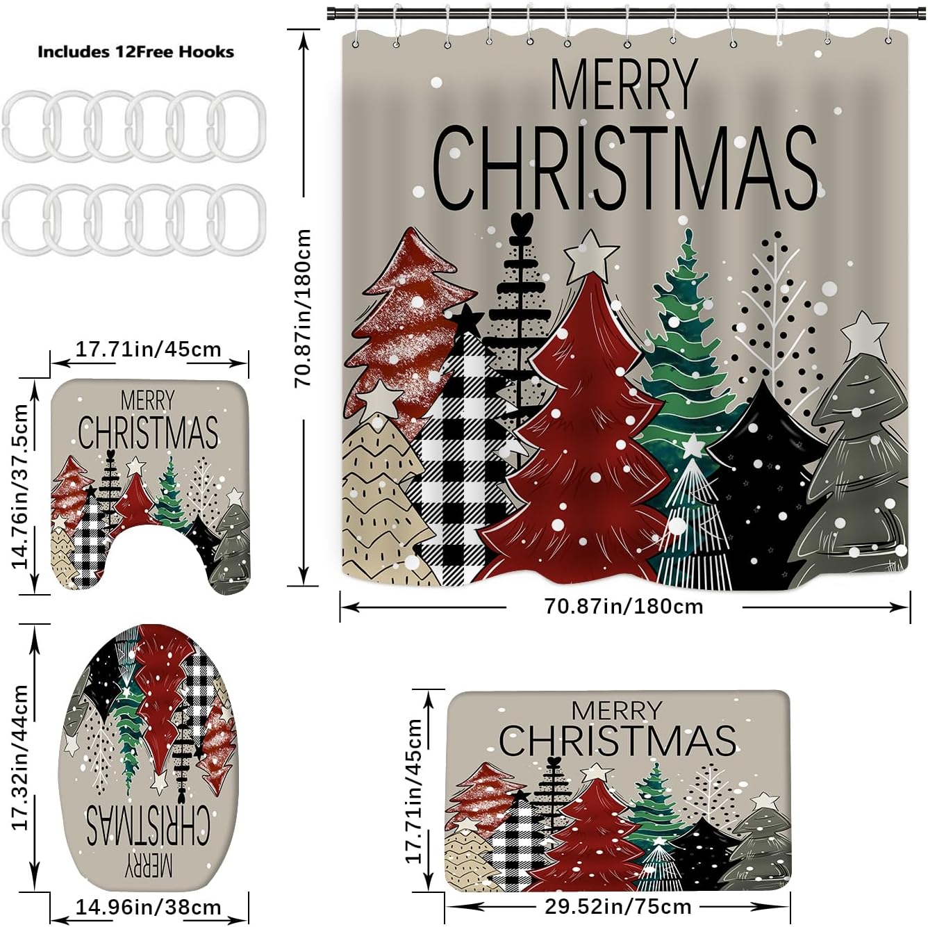 Juego de cortinas de ducha de Navidad con alfombras, cortinas de ducha impermeables de tela navideña para baño con cortina de ducha, juegos de