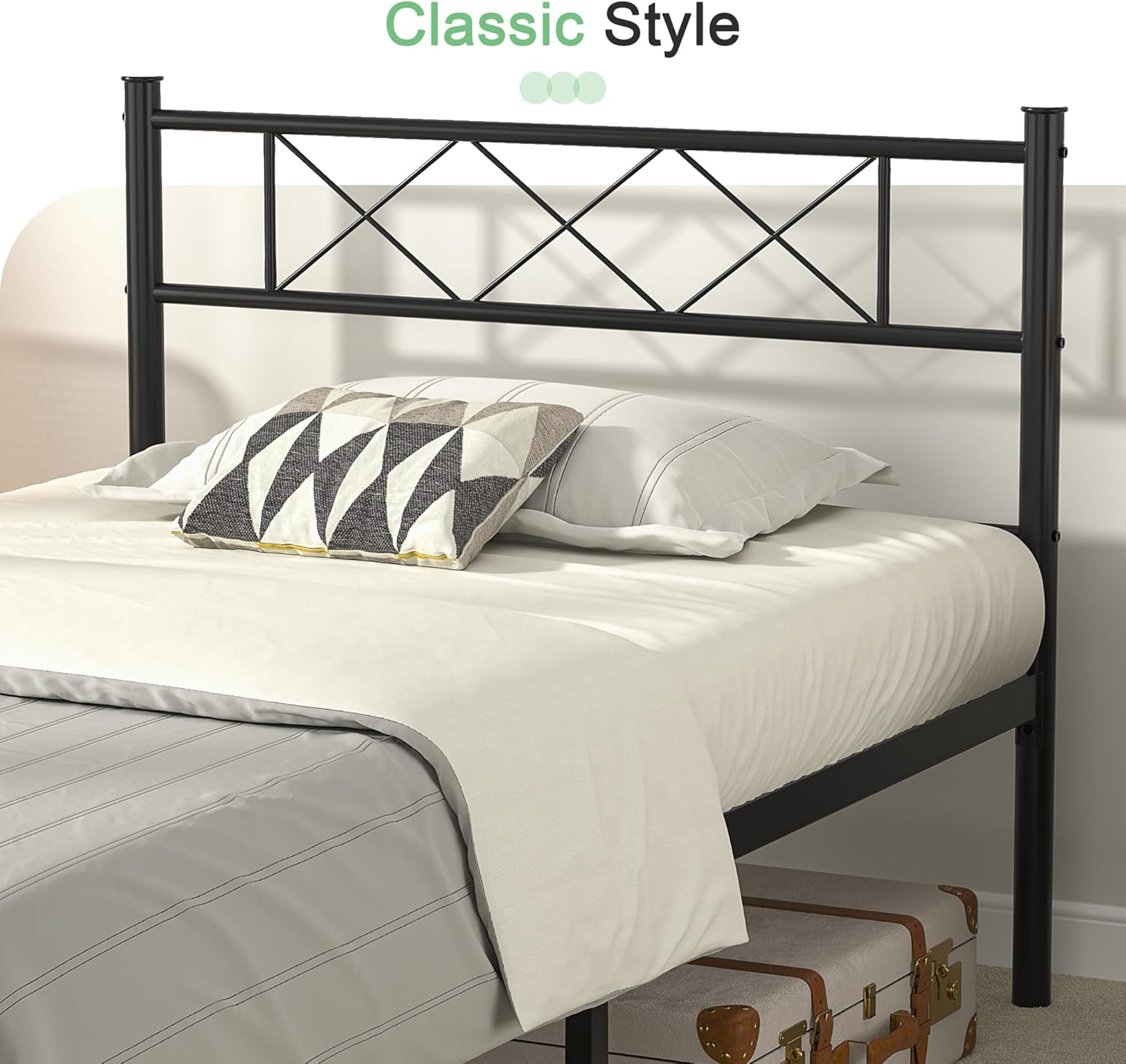 VECELO Base de cama tamaño individual con cabecero, plataforma resistente y base de colchón con soporte de listones de metal, no necesita somier,