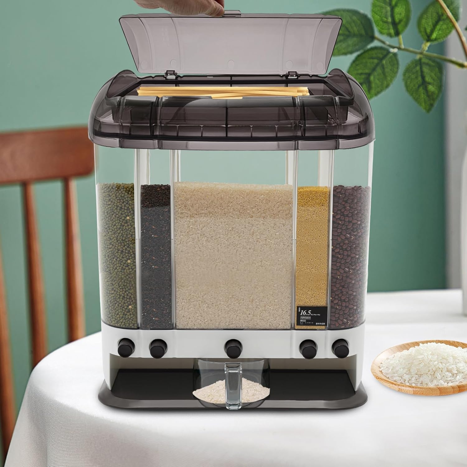 Dispensador de granos de 5 rejillas de almacenamiento de arroz con taza para cocina, dispensador de cereales de arroz y granos (marrón)