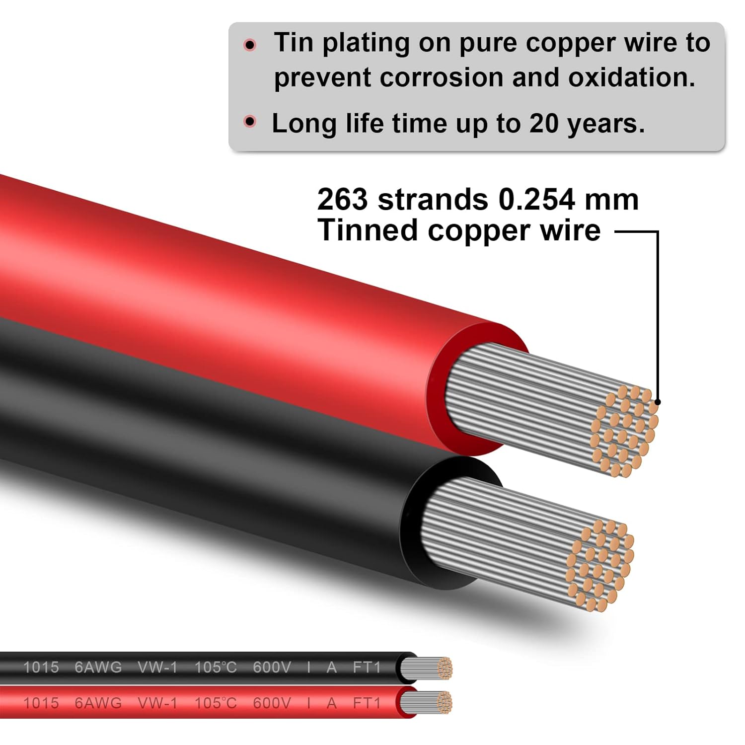 Cable eléctrico de 6 AWG, cable de cobre estañado rojo de 50 pies y 50 pies para audio de automóvil, remolque, marino, cable fotovoltaico para luz