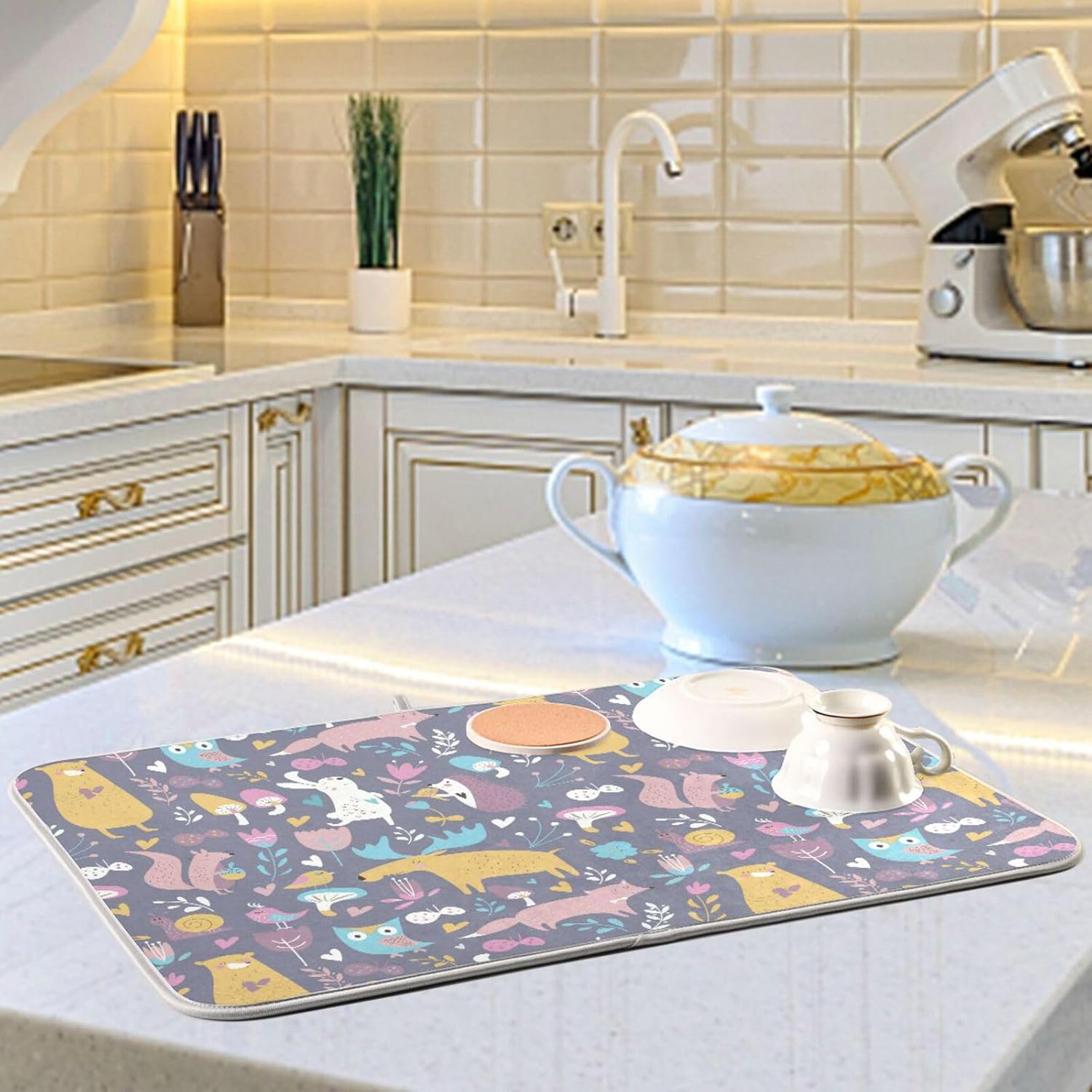Cute Forest Animals Drying Dish Mat Washnable Absorbent Dish Draining Mat For Kitchen Counter Dish Drainer Pads Tapete Para Cocina 16” x 18”