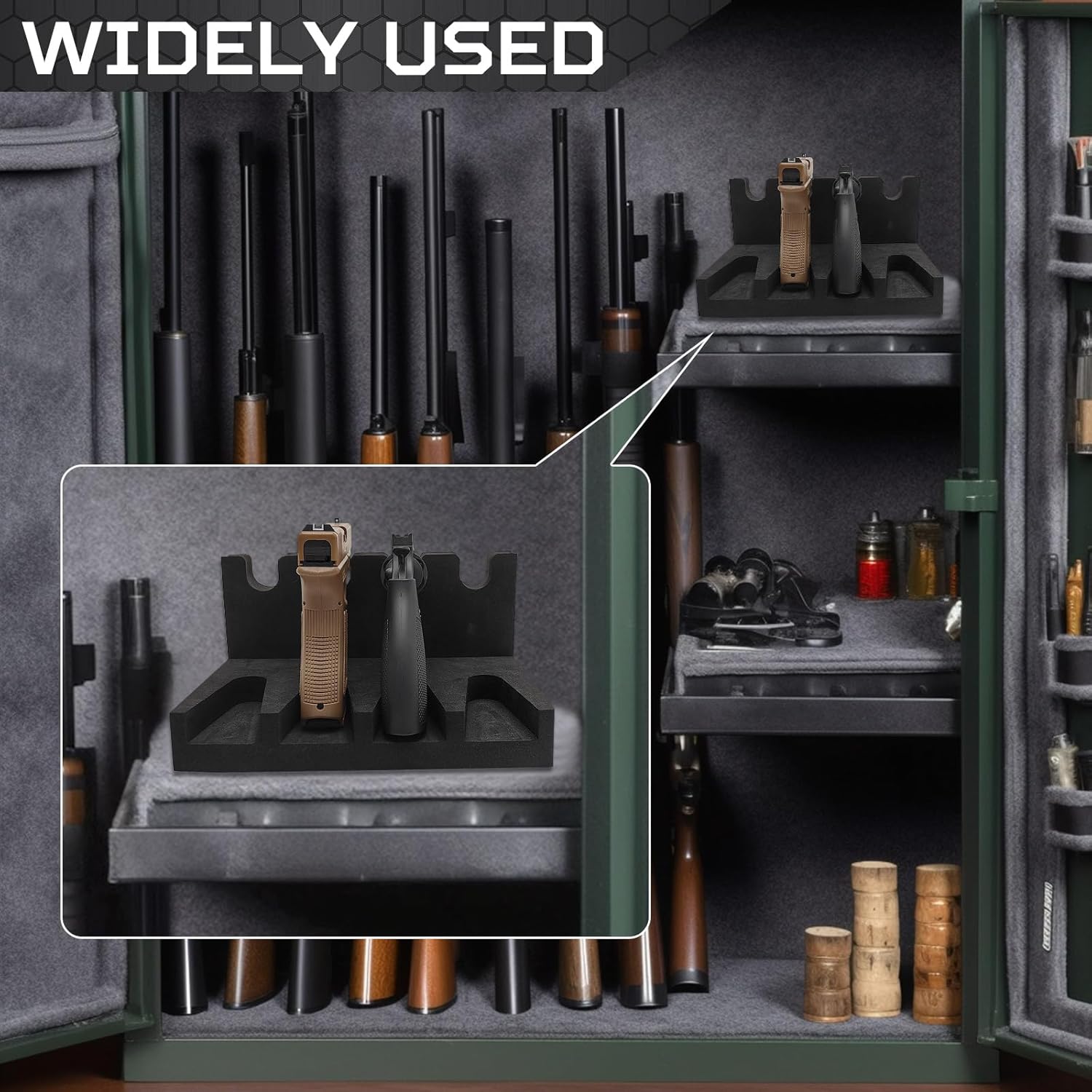 Estante para pistola seguro  Soporte de pistola de espuma para gabinete de armas, soporte de pistola de mano con 2 tiras magnéticas para 4 pistolas,