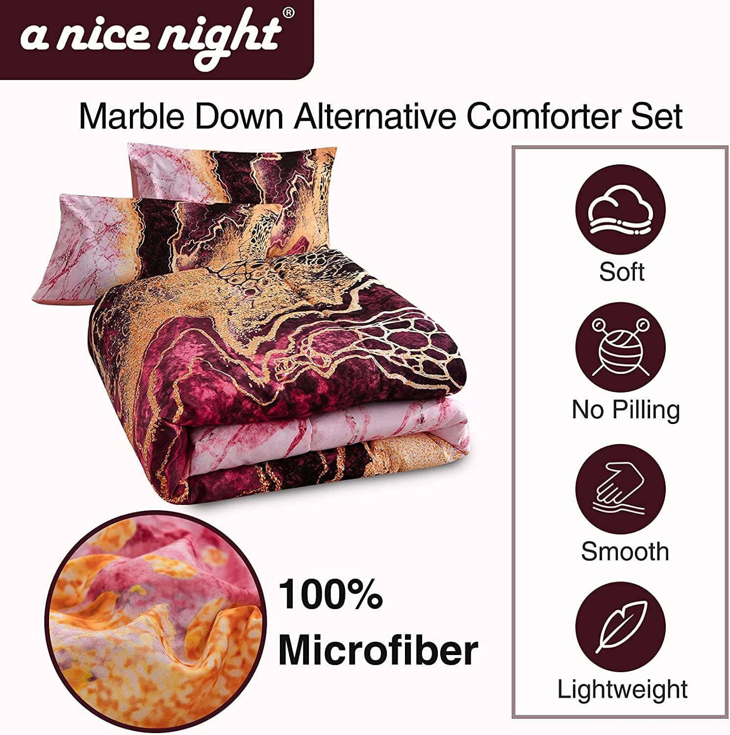 A Nice Night Juego de ropa de cama con estampado de mármol como montaña ardiente, diseño de ilustraciones de acuarela de estilo retro, juego de