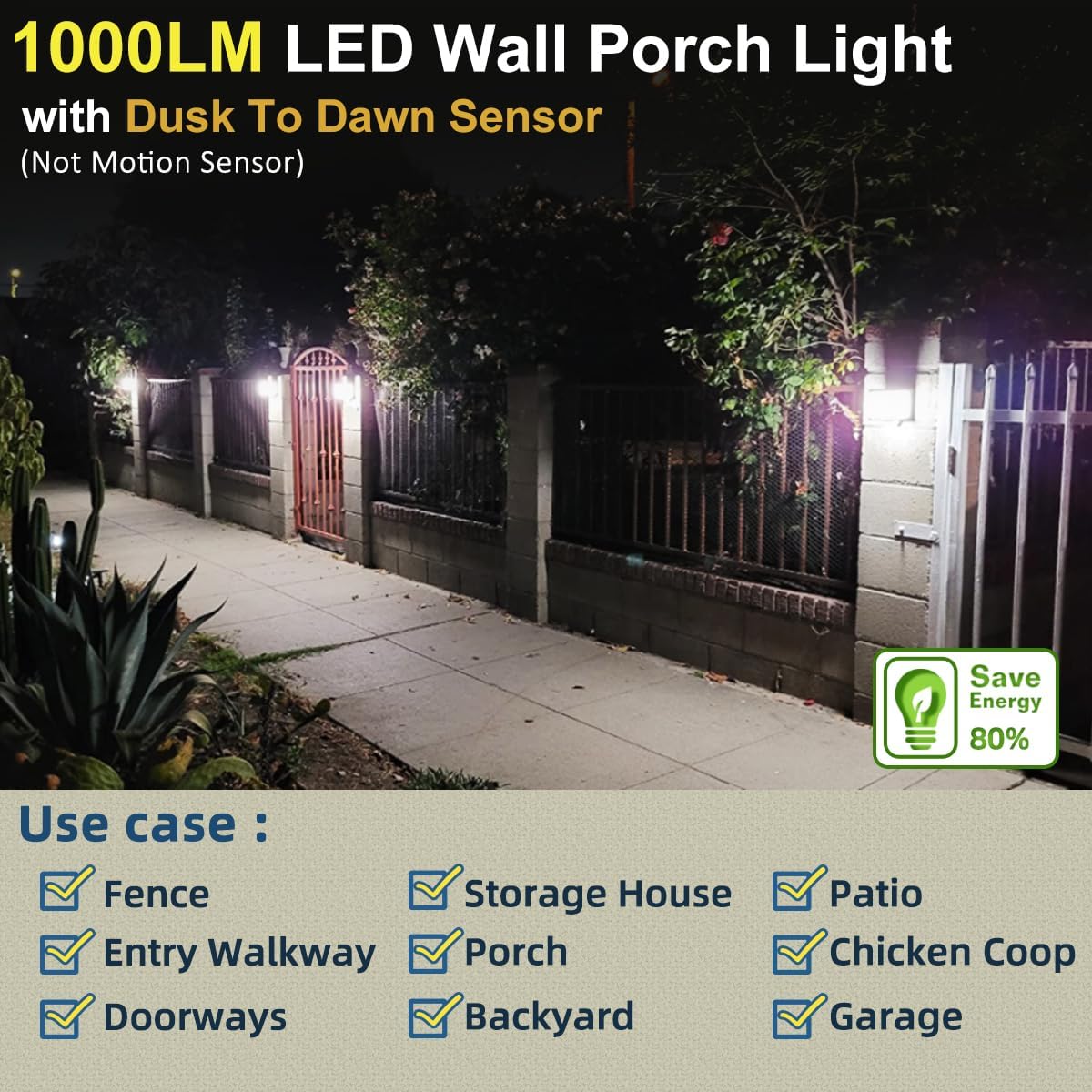 Paquete de luz LED de pared para porche con fotocélula 1000LM AC12060HZ IP54 impermeable del atardecer al amanecer, accesorio de iluminación al aire