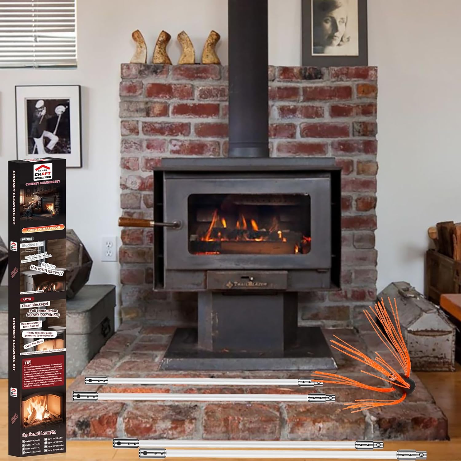 Kit de limpieza de chimenea de 39 pies, limpiador ergonómico de chimenea, sistema de limpieza de chimenea giratorio impulsado por taladro, cepillo