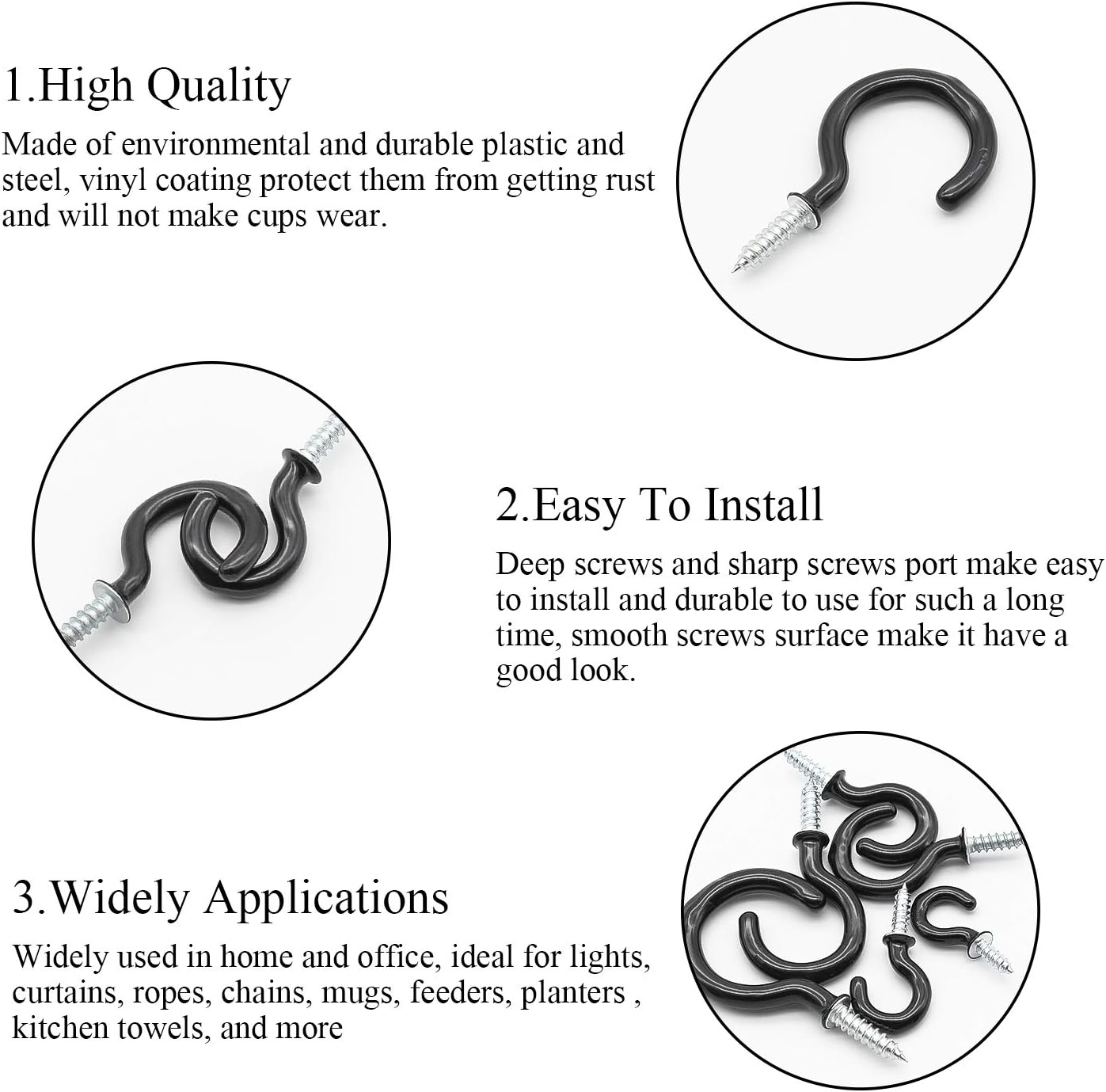 DYWISHKEY Ganchos de tornillo para colgar, 110 unidades, 6 tamaños, juego de ganchos para tazas, ganchos de techo recubiertos de vinilo, ganchos