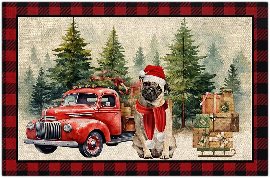 Tapete de bienvenida de perro de Navidad con diseño de pug, tapete de Navidad para invierno, para interiores y exteriores, regalo de inauguración de