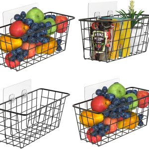 Cesta adhesiva de alambre para pared, organizador de puerta de gabinete, sin taladrar, 4 unidades, color negro Cesta adhesiva de alambre para pared, organizador de puerta de gabinete, sin taladrar, 4 unidades, color negro