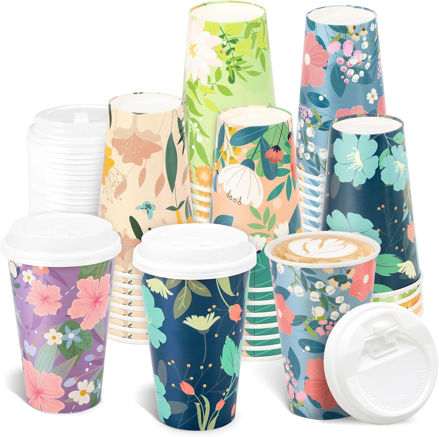 BYMIOYA Vaso de papel desechable de primavera de 16 onzas, 48 piezas con tapas, 6 tazas de papel para beber con diseño floral de primavera para