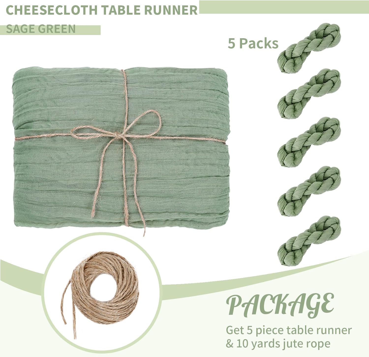 Camino de mesa de estopilla verde salvia, paquete de 5 caminos de mesa de gasa bohemia de 10 pies para boda, despedida de soltera, decoración de