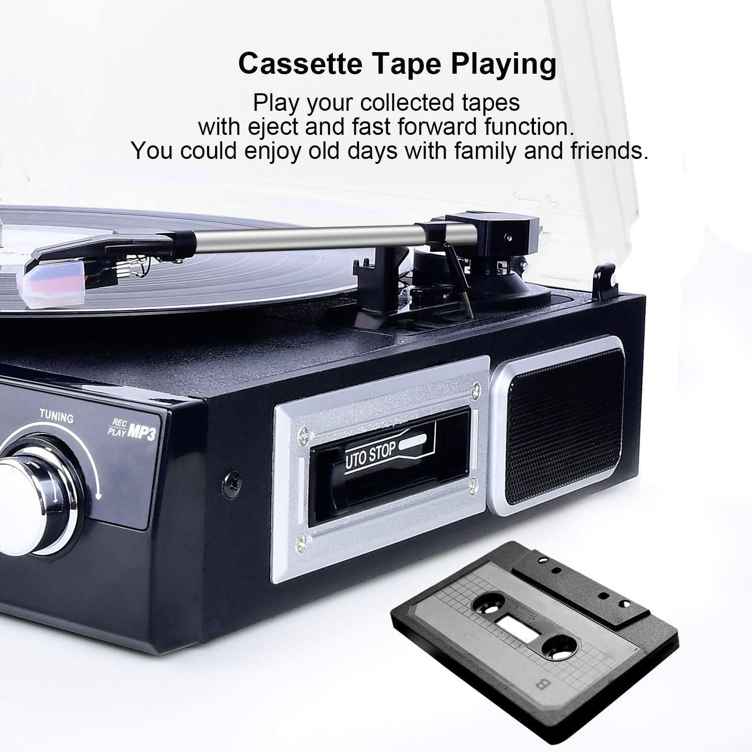 DIGITNOW Tocadiscos Bluetooth con altavoces estéreo, tocadiscos para vinilo a MP3 con reproducción de cassette, radio AMFM, control remoto,
