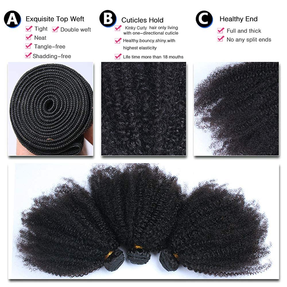 Feibin Extensiones de cabello humano rizado afro mongol de 16, 18, 20 pulgadas, 4B 4C, afro, tejido afro, extensiones de cabello humano rizado a