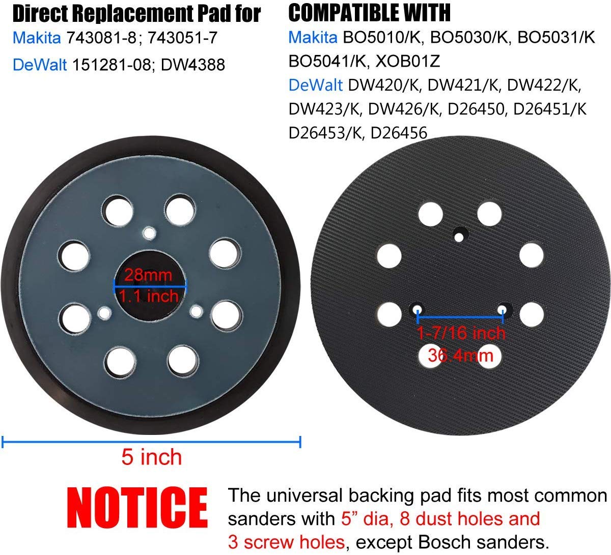 Almohadilla de repuesto de 5 pulgadas para lijadora orbital DeWalt DW4388, DW421, DW422, DW423, D26451, D26453, DW6423, compatible con la lijadora