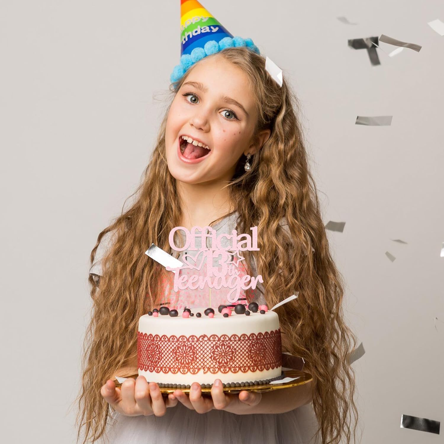 Gyufise Decoración para tartas de 13 años con purpurina rosa claro oficialmente un adolescente, decoración para tartas de cumpleaños de 13 años,