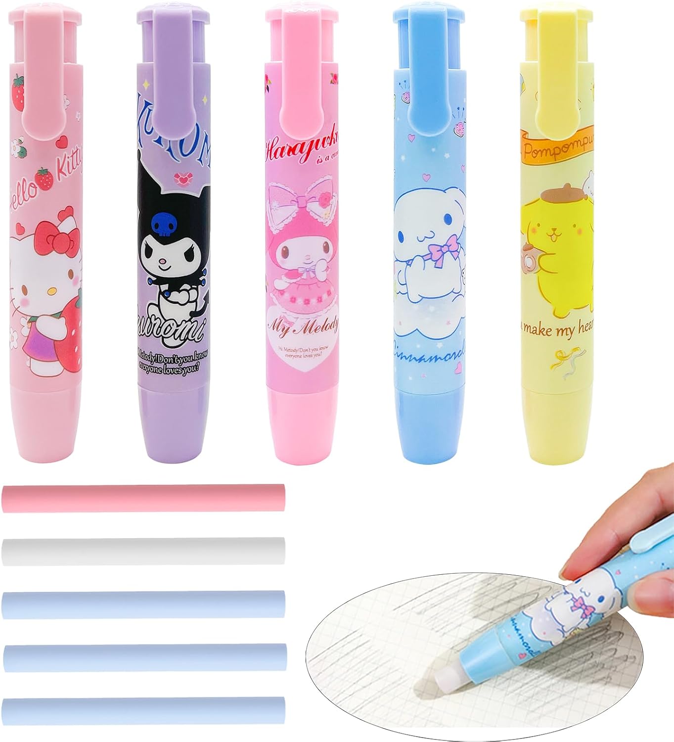 5 borradores a presión de dibujos animados, retráctiles de goma Kawaii para niños, para escribir dibujos, divertidos borradores de estudiantes,