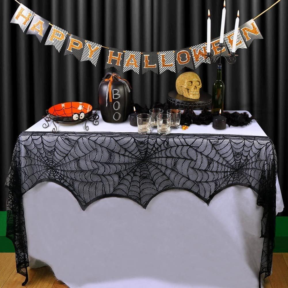 Decoración de chimenea de Halloween, decoración de tela de araña de encaje negro, cubierta de bufanda para chimenea, decoración de suministros de