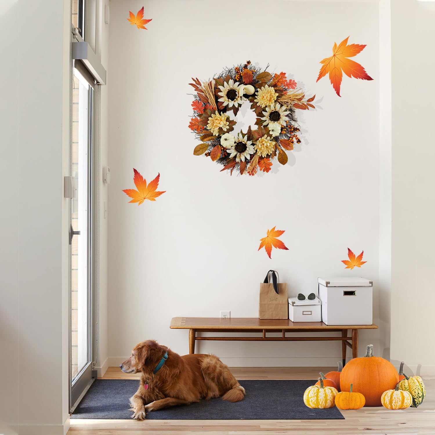 Coronas de otoño, hojas de arce, calabaza, girasol, corona de girasol, cosecha de Acción de Gracias, Halloween, hogar, exterior, ventana, decoración