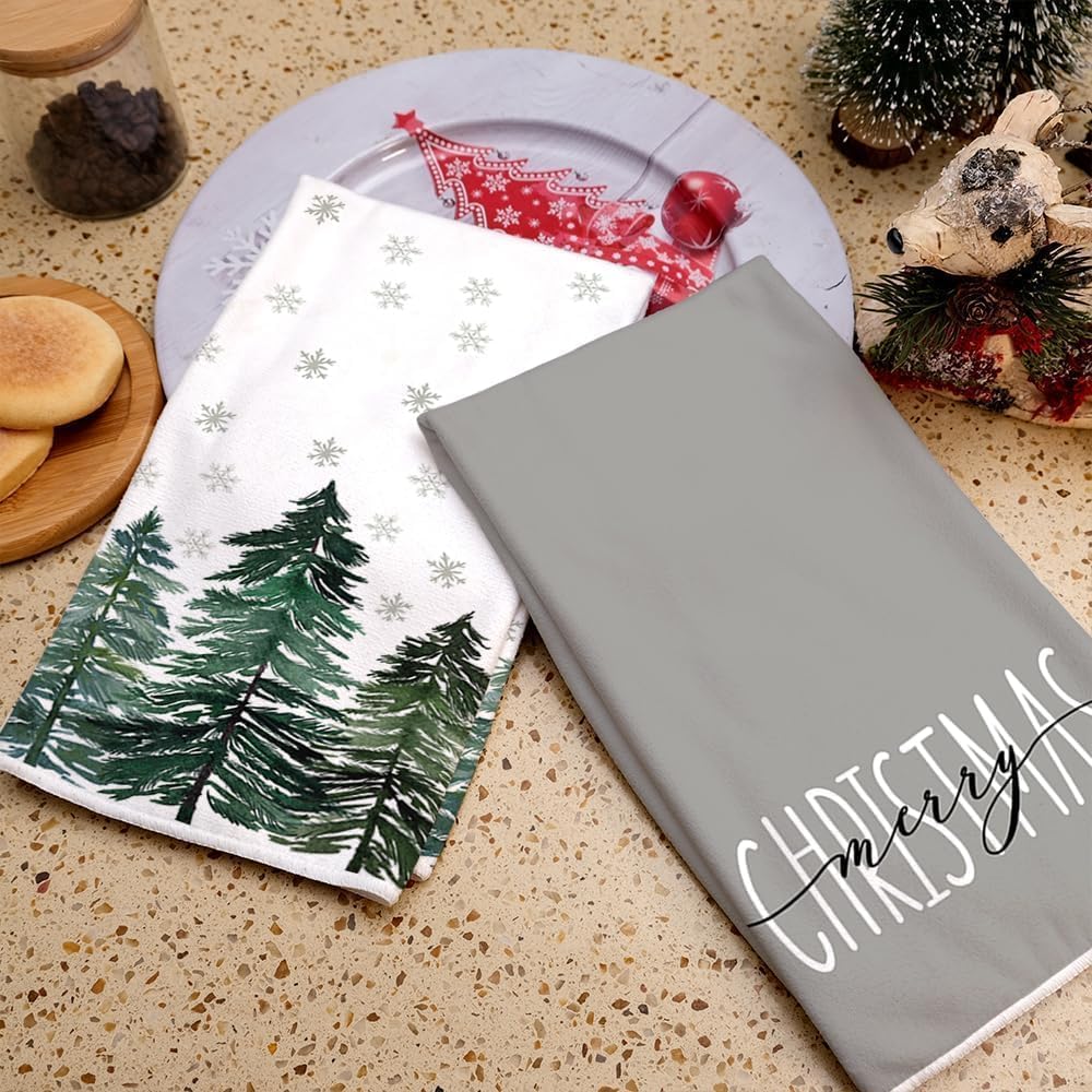 ARKENY AD016 – Juego de 2 paños de cocina para decoración de Navidad, color verde, árbol de Navidad, 18 x 26 pulgadas, diseño de copos de nieve,