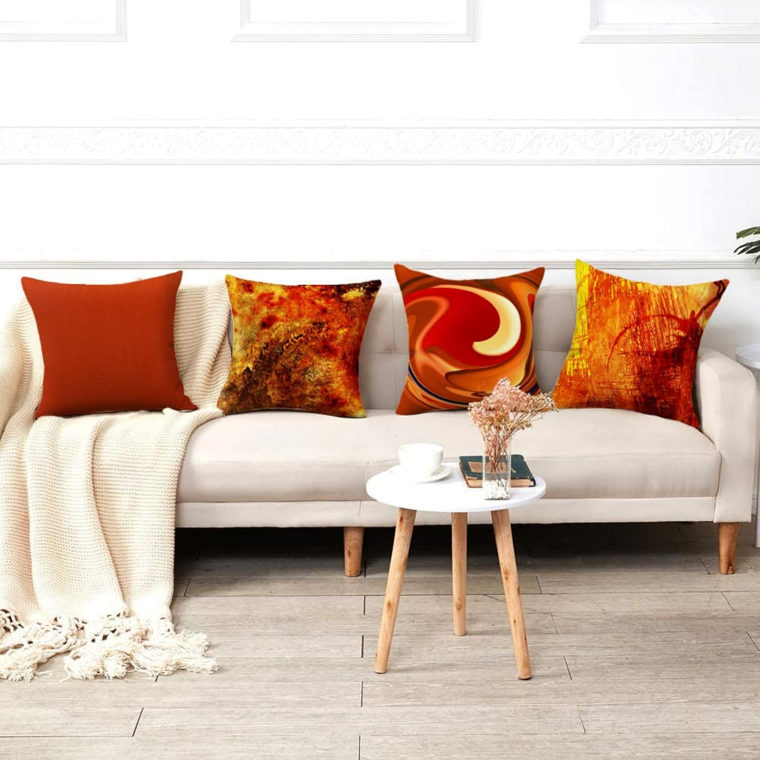 GALMAXS7 Juego de 4 fundas de almohada de 18 x 18 pulgadas, fundas de almohada decorativas modernas de arte abstracto con pintura naranja quemada,