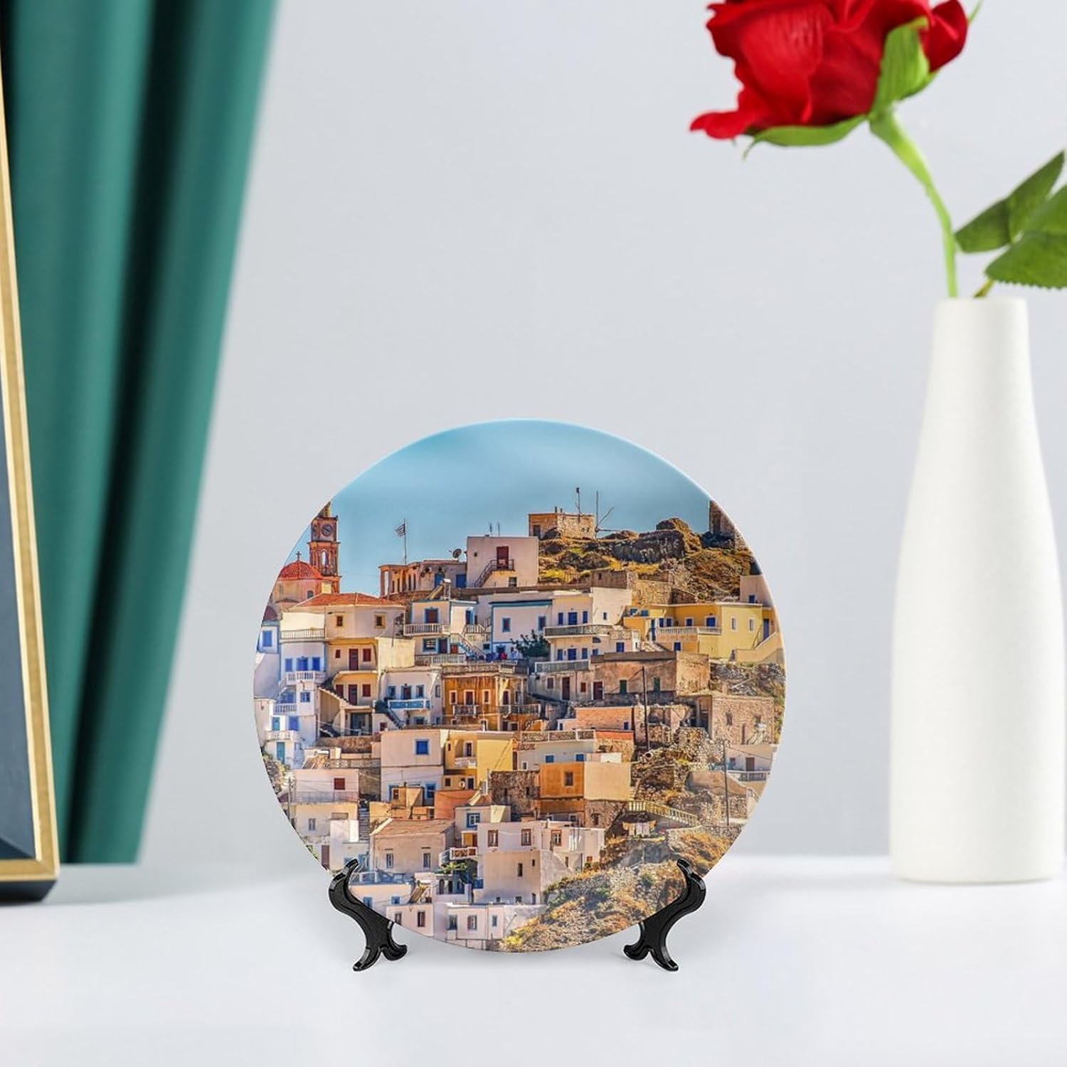 Plato colgante decorativo de paisaje de pueblo de Grecia, decoración del hogar, decoración del hogar, recuerdo, arte de pared, plato de cena de