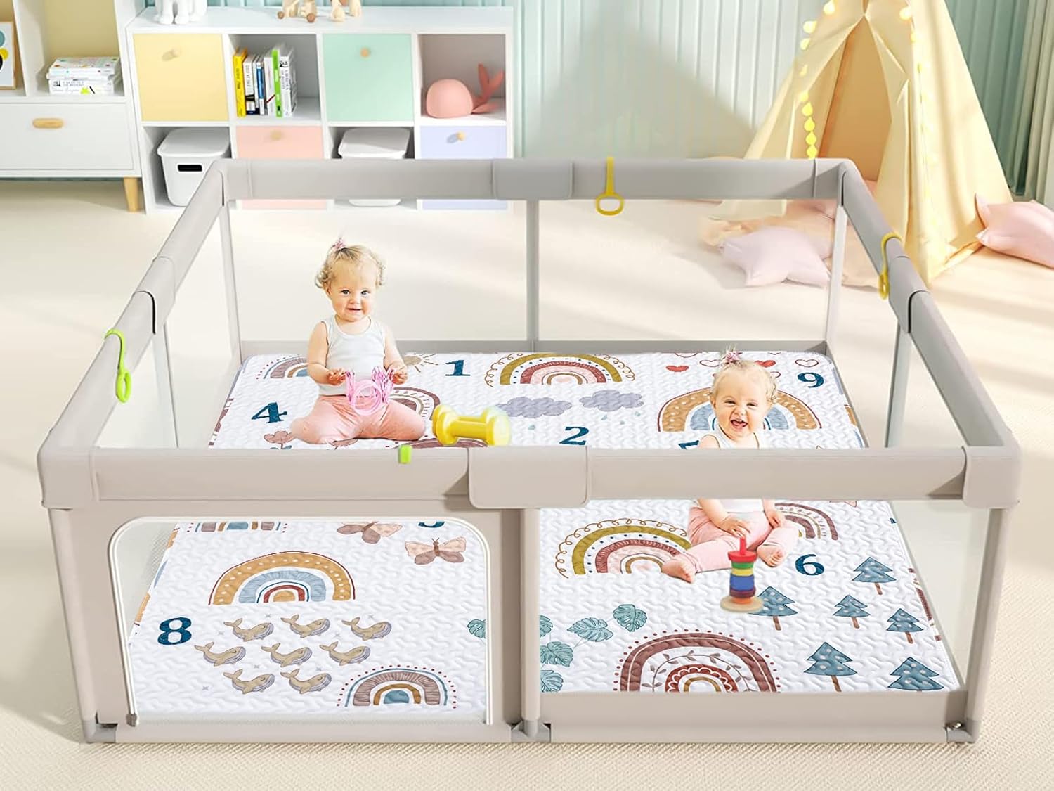 Tapete de juego bohemio arcoíris de 50 x 50 pulgadas para corralito, lavable y portátil, tapete de juego para bebé, antideslizante, plegable, tapete