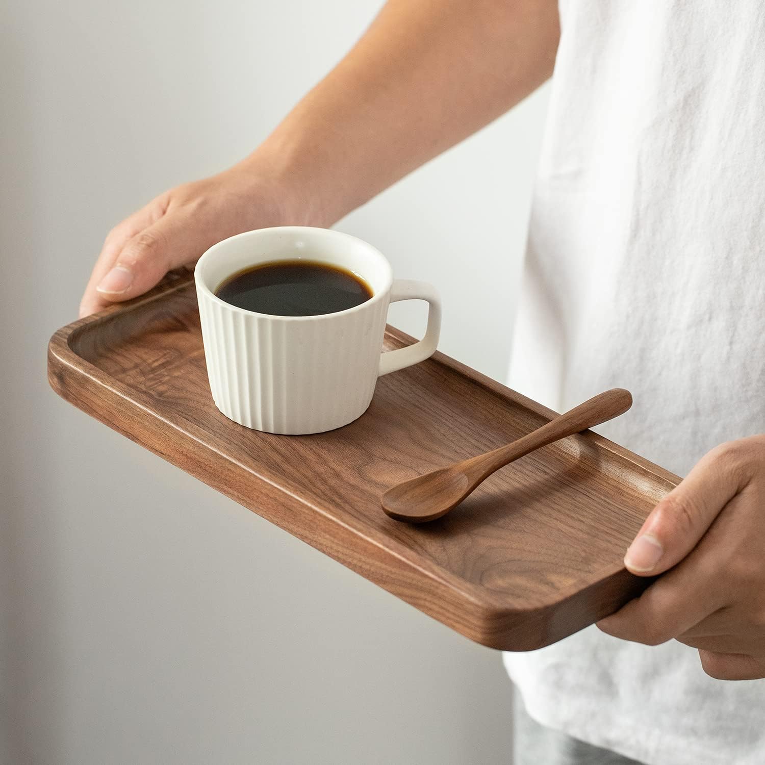 Muso Wood Bandeja de madera maciza para servir de nogal, bandeja pequeña rectangular para baño, bandeja de cena, bandeja de té, bandeja de café