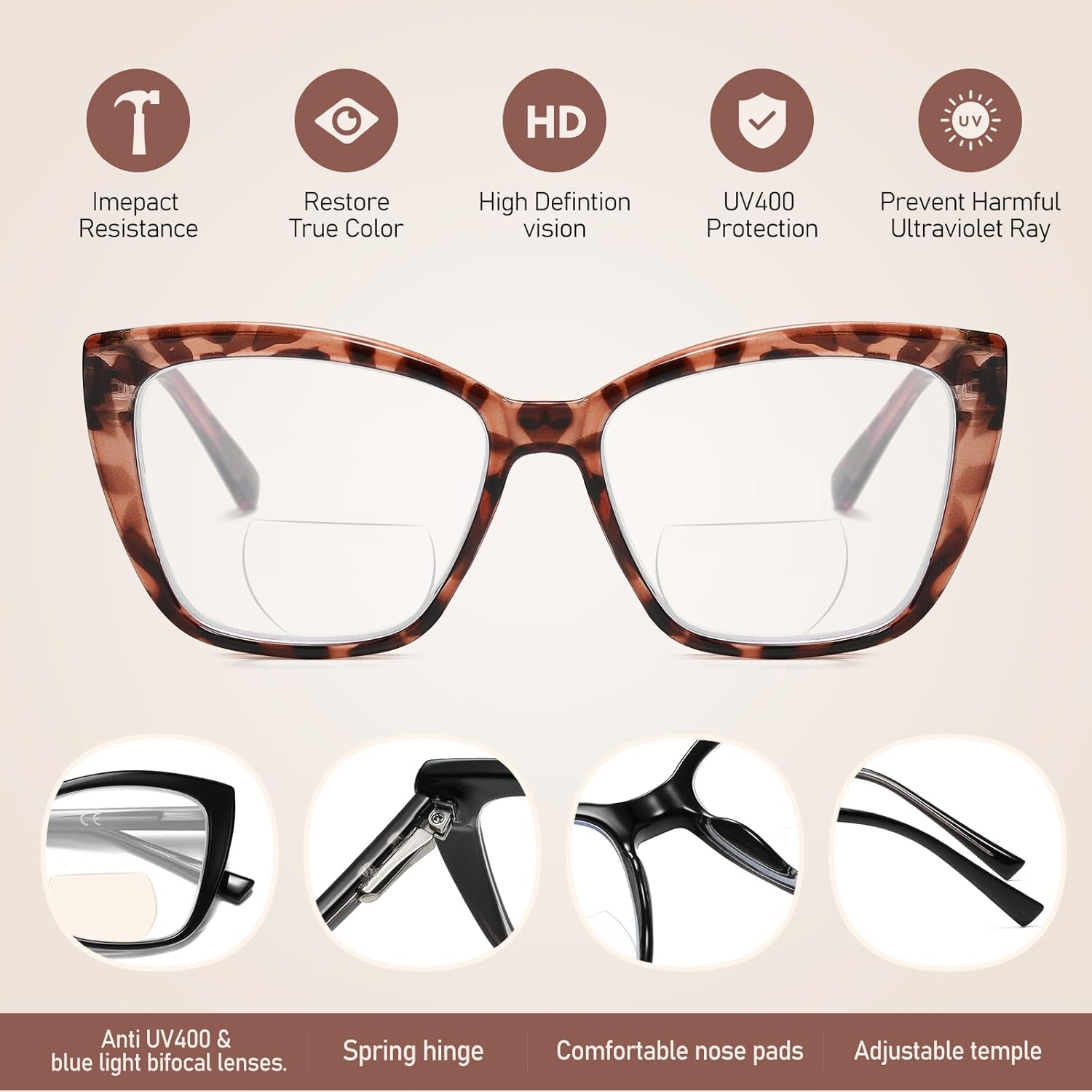 Gafas de lectura bifocales para mujer, ojo de gato, de gran tamaño, bloqueo de luz azul, para lectores de computadora, gafas de diseñador