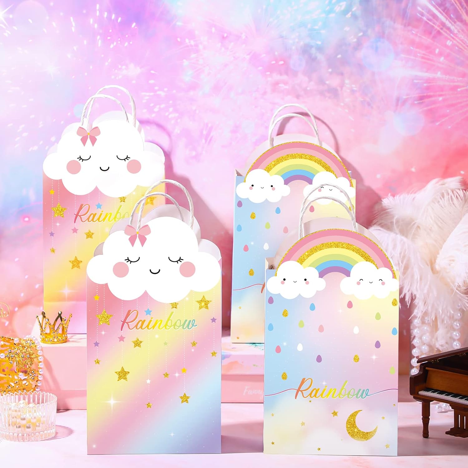 16 bolsas de regalo de fiesta de arco iris, bolsas de regalo de arcoíris con asas, bolsas de dulces de cumpleaños, bolsas de regalo de fiesta pastel