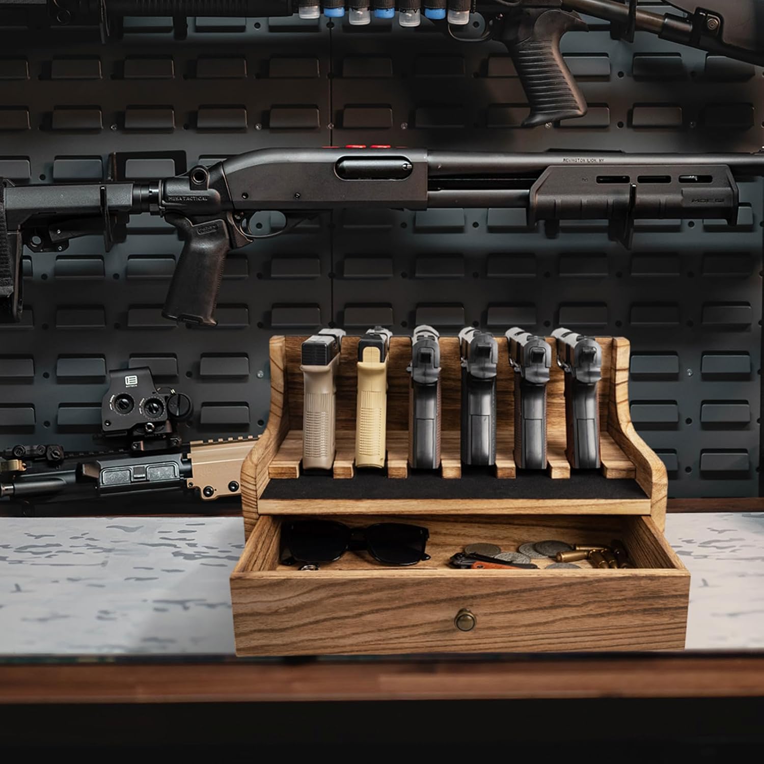 Estante para pistola para caja fuerte y gabinetes, estante de madera maciza con cajón para pistola de estilo rústico seguro accesorio para pistola y