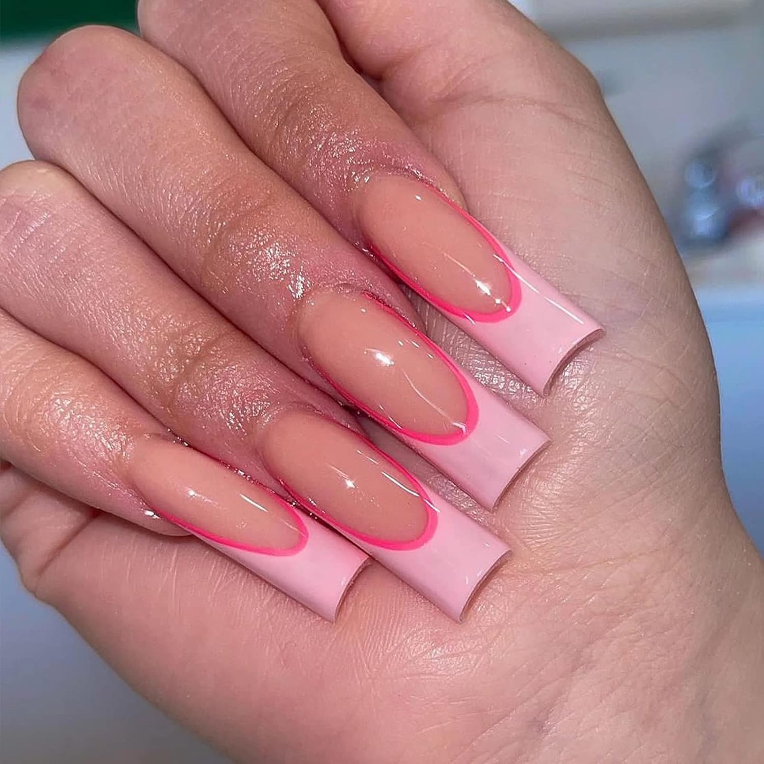 MISUD 24 uñas largas cuadradas a presión, uñas postizas Squoval, uñas postizas brillantes con pegamento en uñas rosadas de punta francesa, uñas